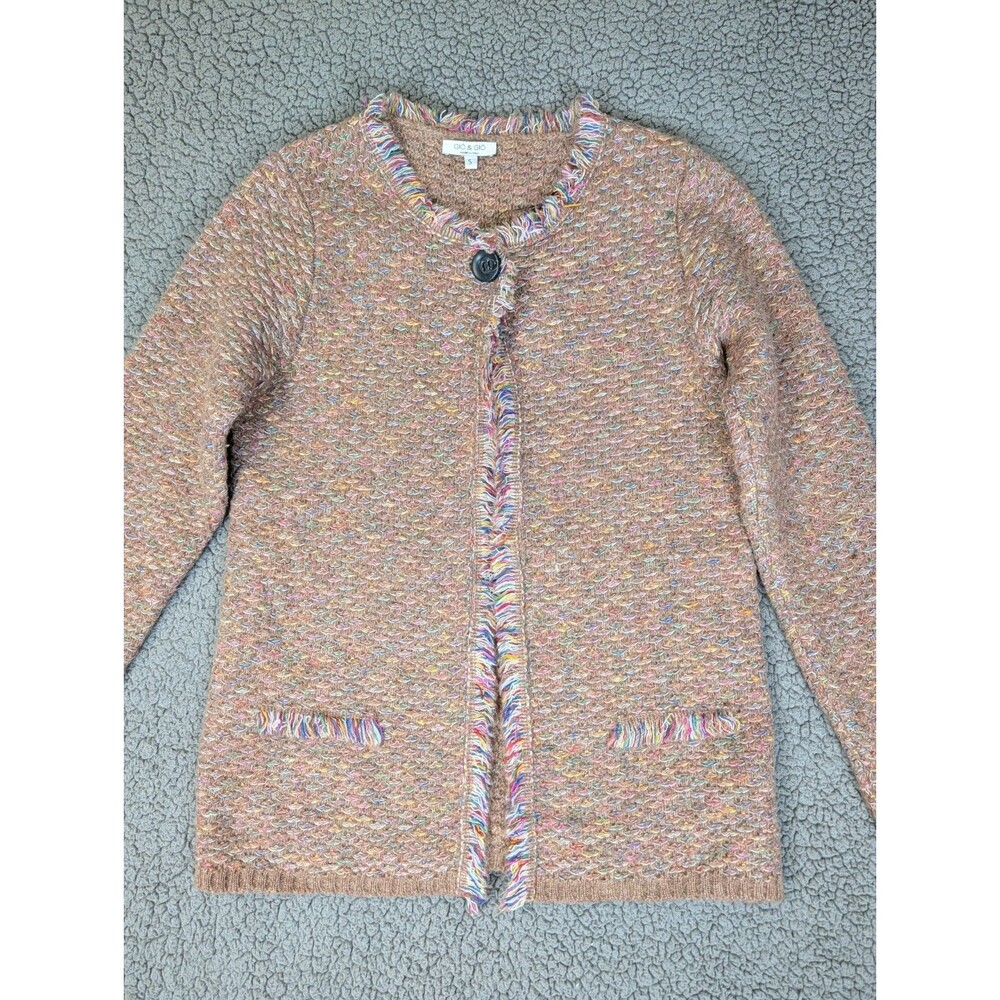 Gio & Gio Mohair Cardigan Sweater Women's Size S Wool Fringe Trim Rainbow Knit